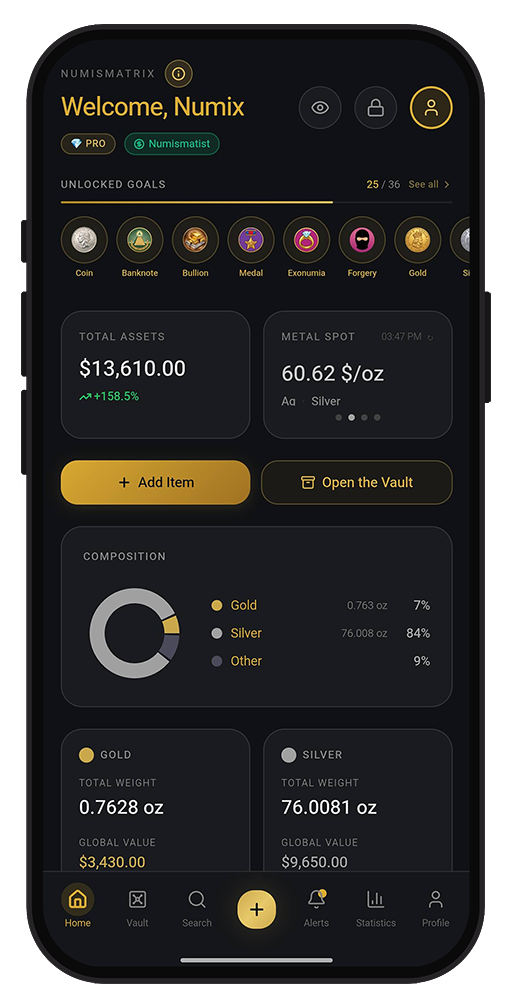 The Numismatrix home screen: total assets, metal rates and collection breakdown