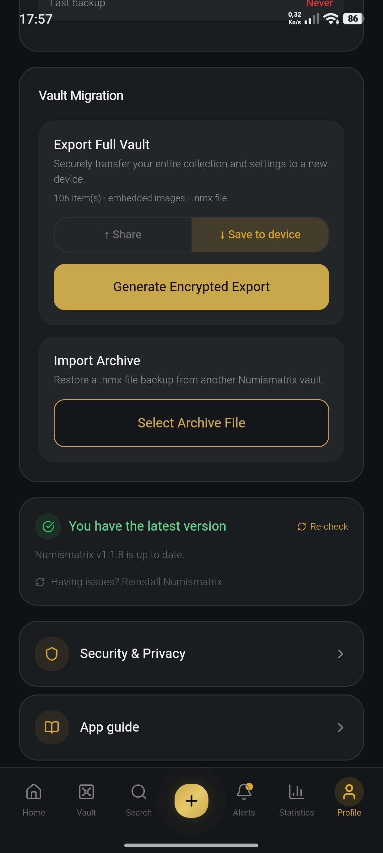 Profile screen showing the Vault Migration block, with Export Vault at the top and Import an Archive below