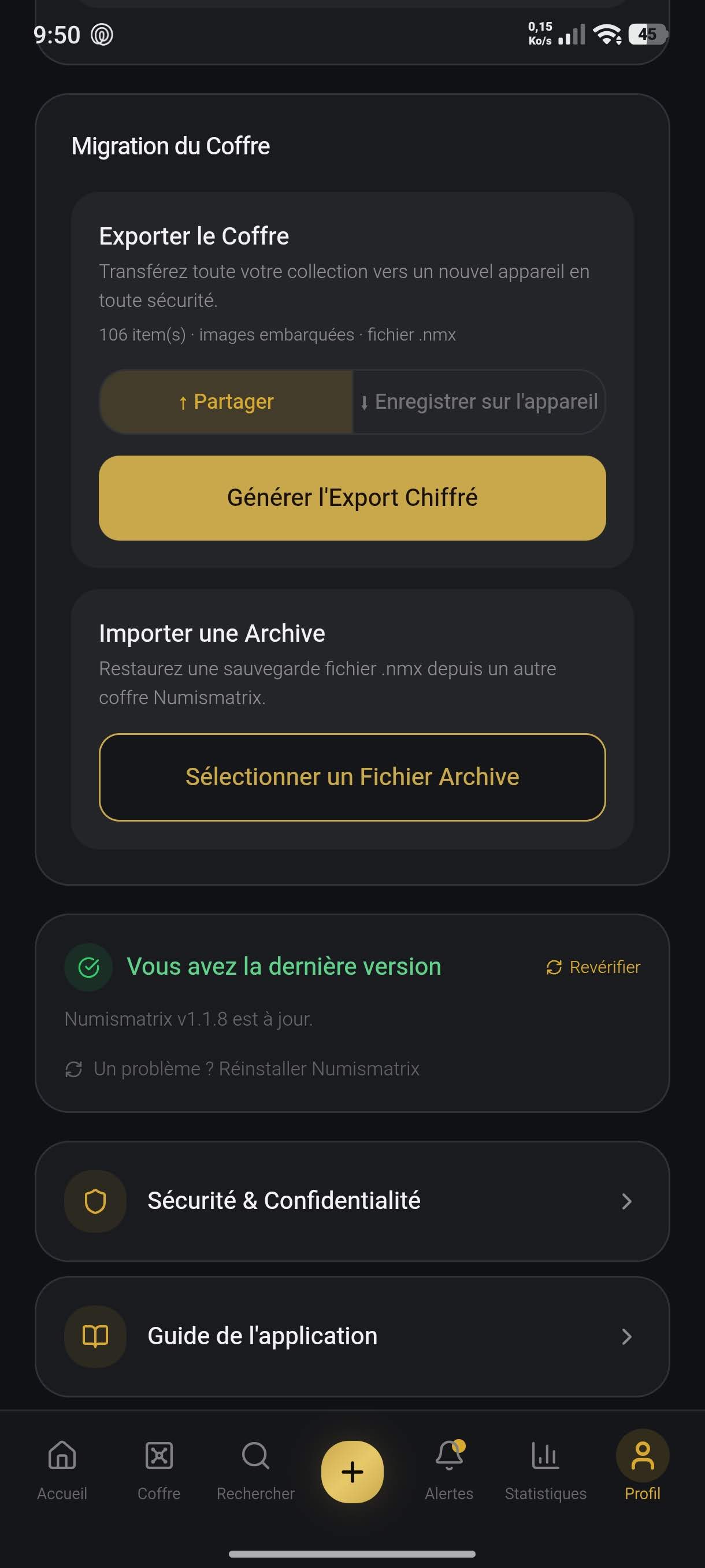 Écran Profil montrant le bloc Migration du Coffre, avec Exporter le Coffre en haut et Importer une Archive en bas