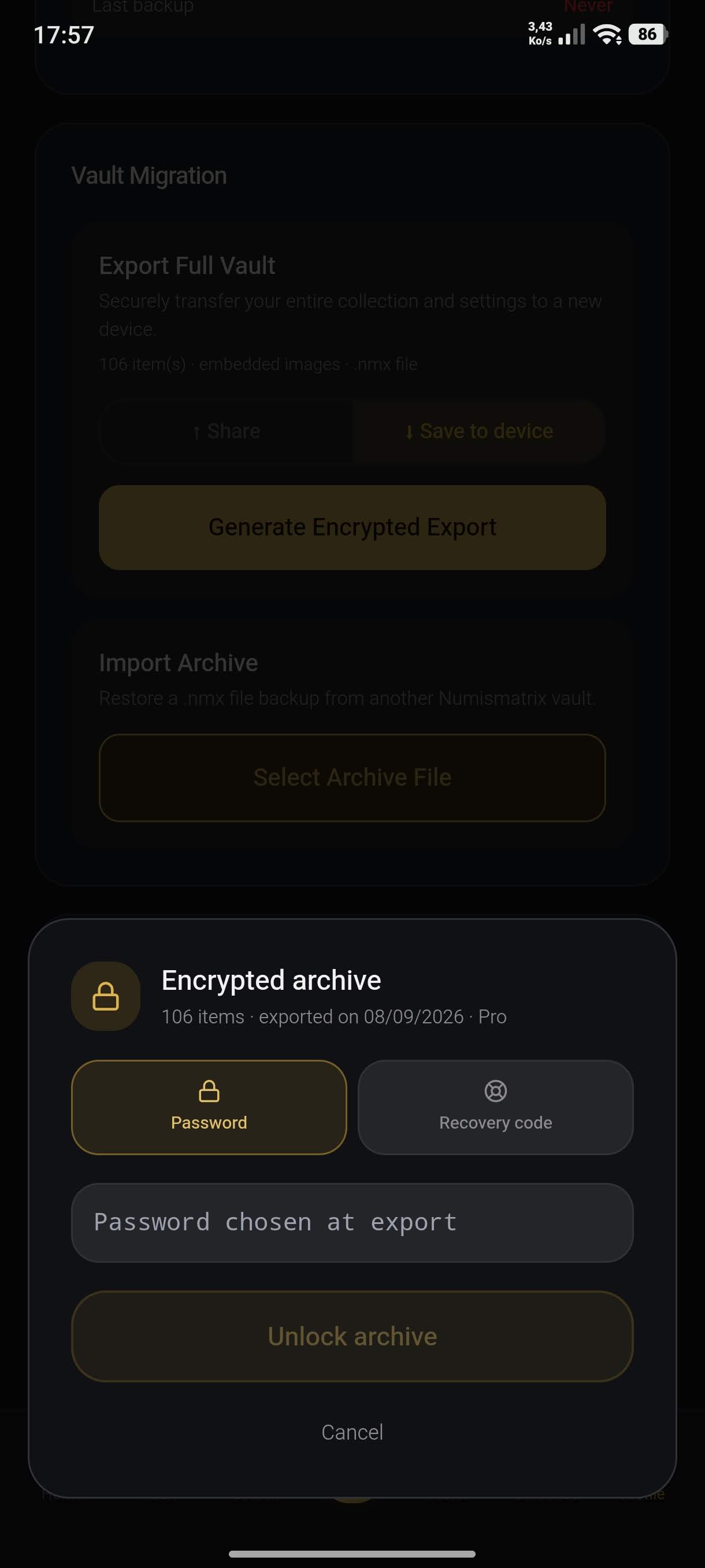 Encrypted archive dialog: Password and Recovery code tabs, input field, Unlock archive button