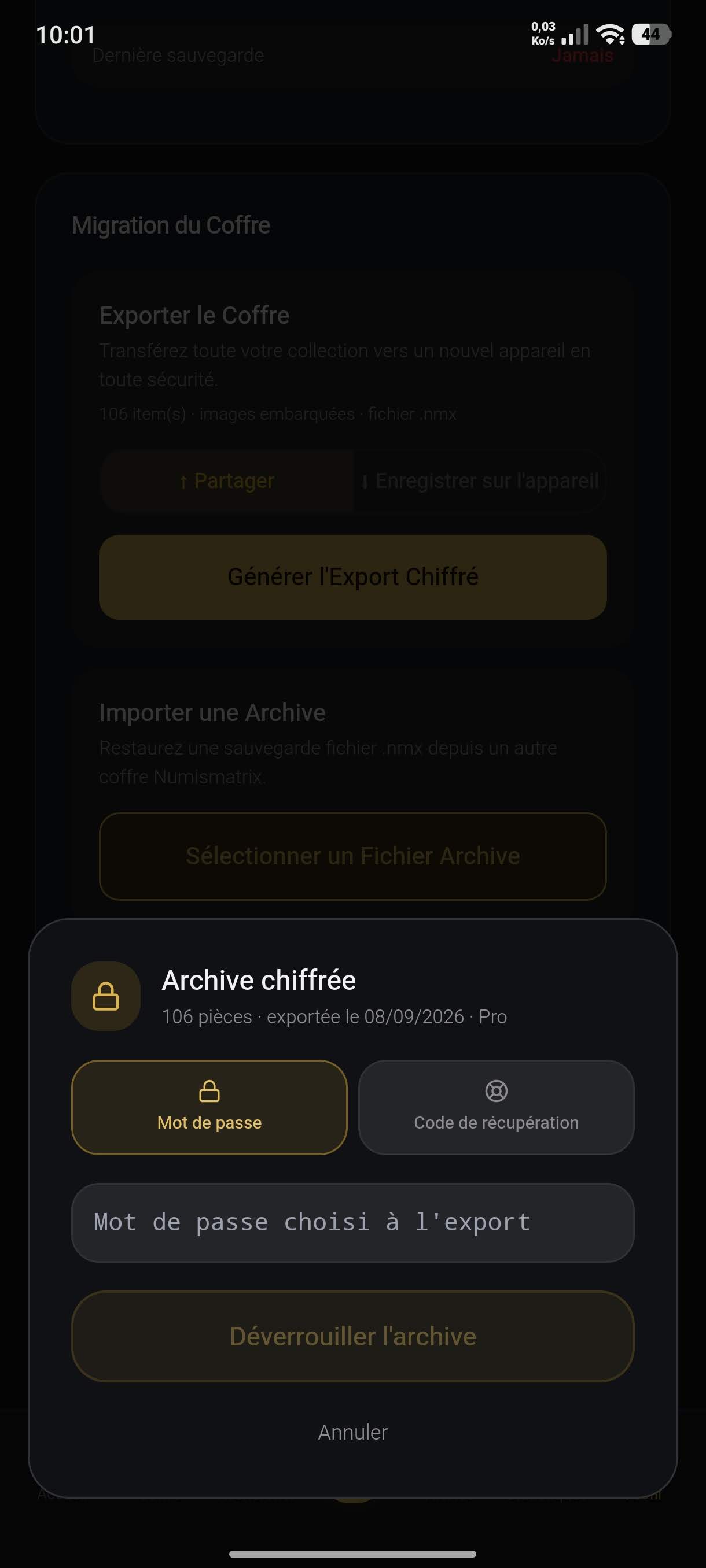 Fenêtre Archive chiffrée : onglets Mot de passe et Code de récupération, champ de saisie, bouton Déverrouiller l'archive