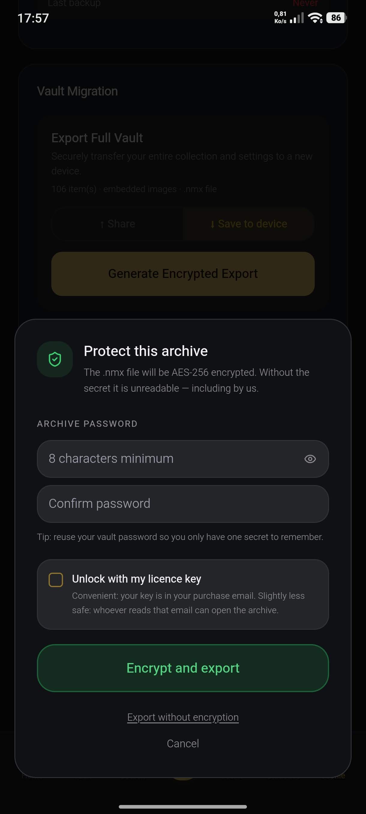 Protect this archive dialog: password fields, Unlock with my licence key checkbox, Encrypt and export button