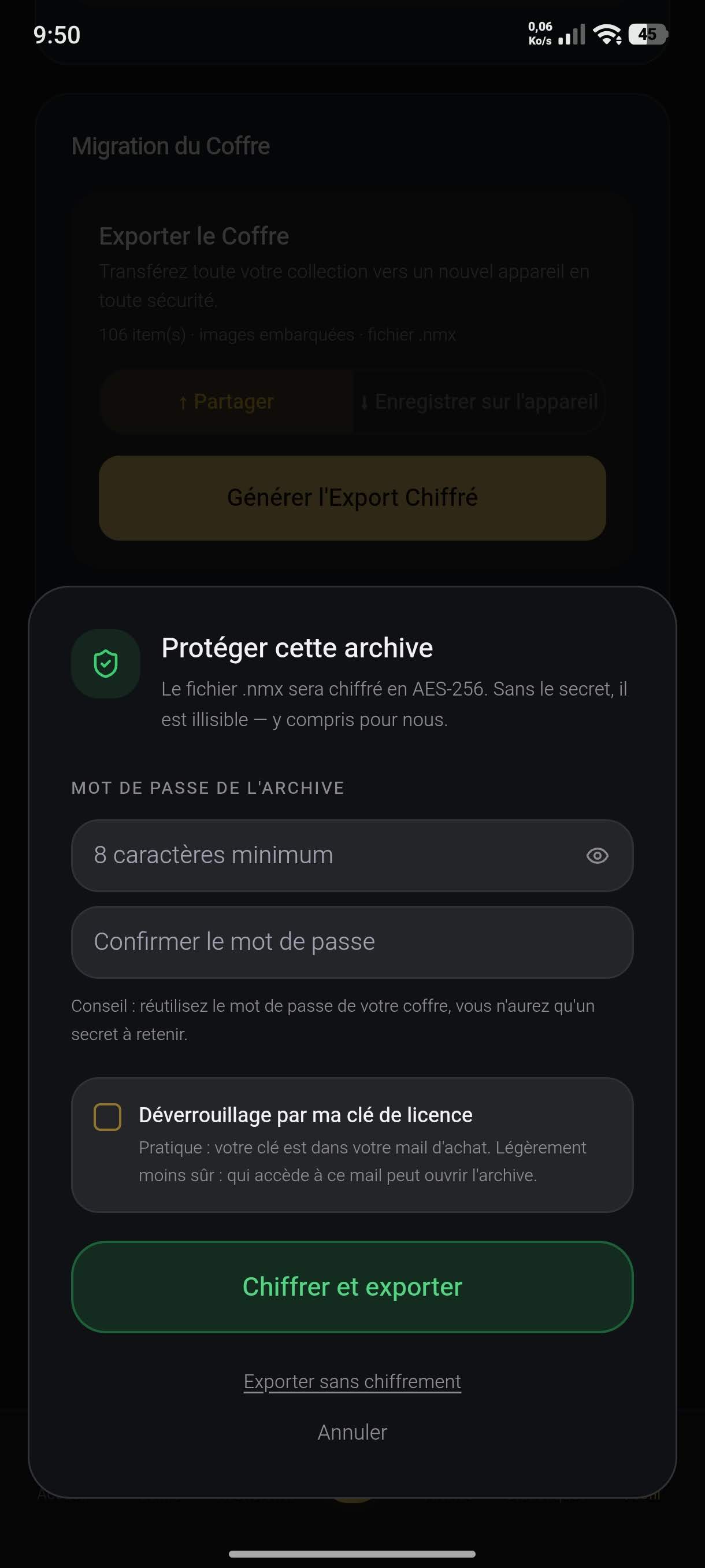 Fenêtre Protéger cette archive : champs de mot de passe, case Déverrouillage par ma clé de licence, bouton Chiffrer et exporter